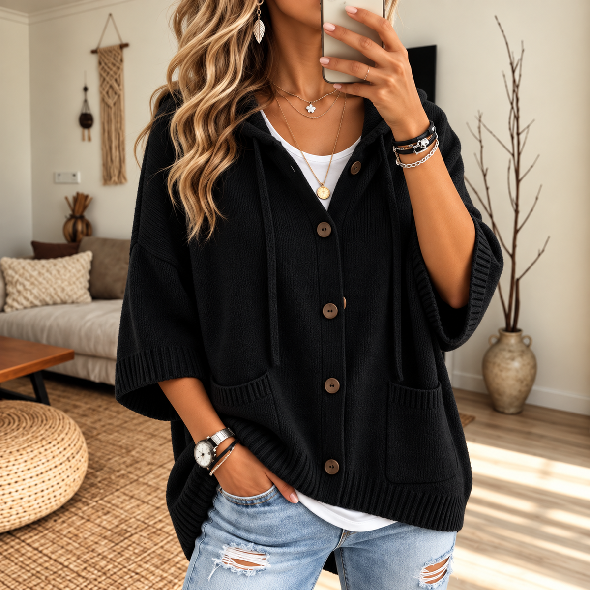 Women’s Hooded Knit Cardigan with Pockets
